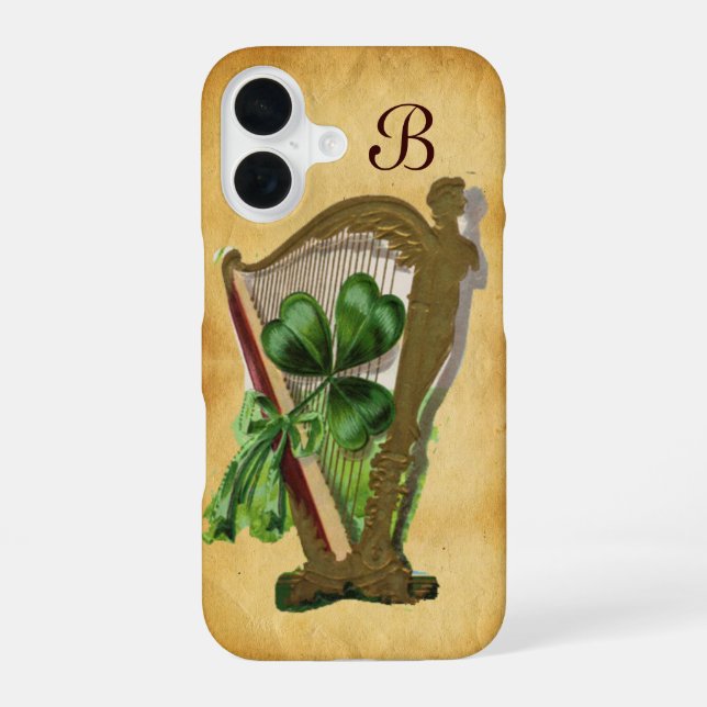 GREEN SHAMROCK HARP PARCHMENT MONOGRAM iPhone 16 CASE (Back)