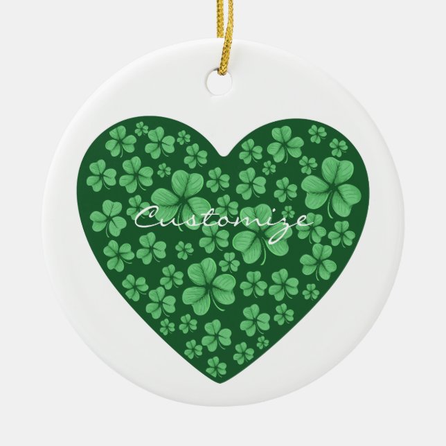 green Shamrock heart St Patrick's Day Ceramic Tree Decoration (Front)