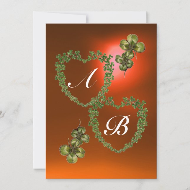 GREEN SHAMROCK HEARTS MONOGRAM  orange green Announcement (Front)