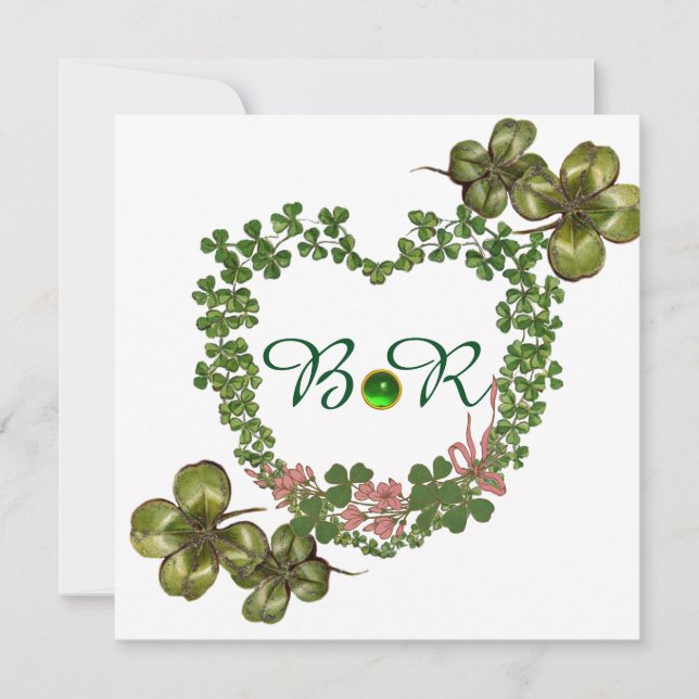 GREEN SHAMROCK HEARTS WITH PINK FLOWERS MONOGRAM ANNOUNCEMENT (Front)