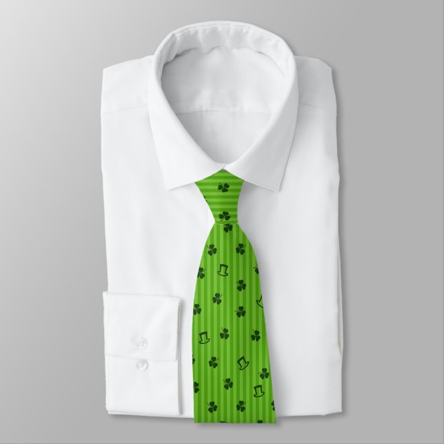 Green Shamrock Irish Hat Stripes Pattern Tie (Tied)