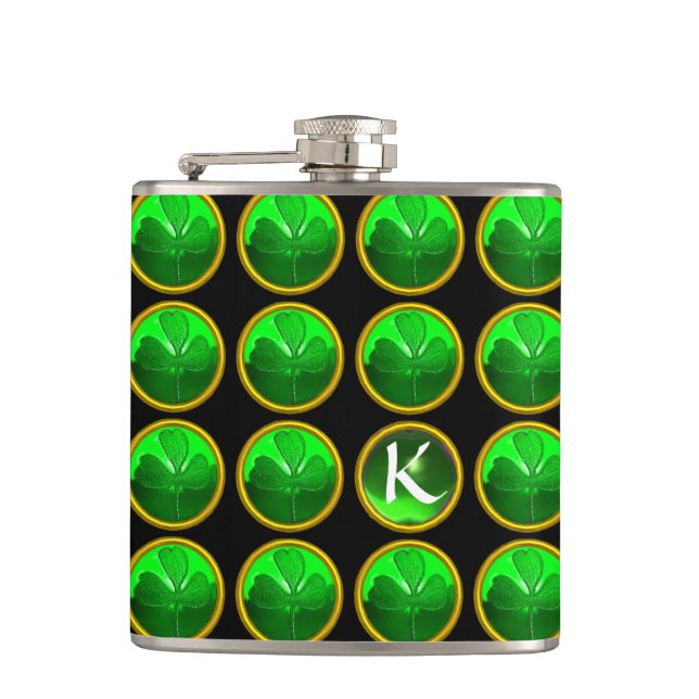 GREEN SHAMROCK JEWEL Saint Patrick's Day Monogram Hip Flask (Front)