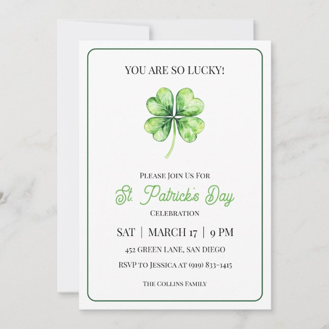 Green Shamrock Luck Simple St. Patrick's Day Party Invitation (Front)