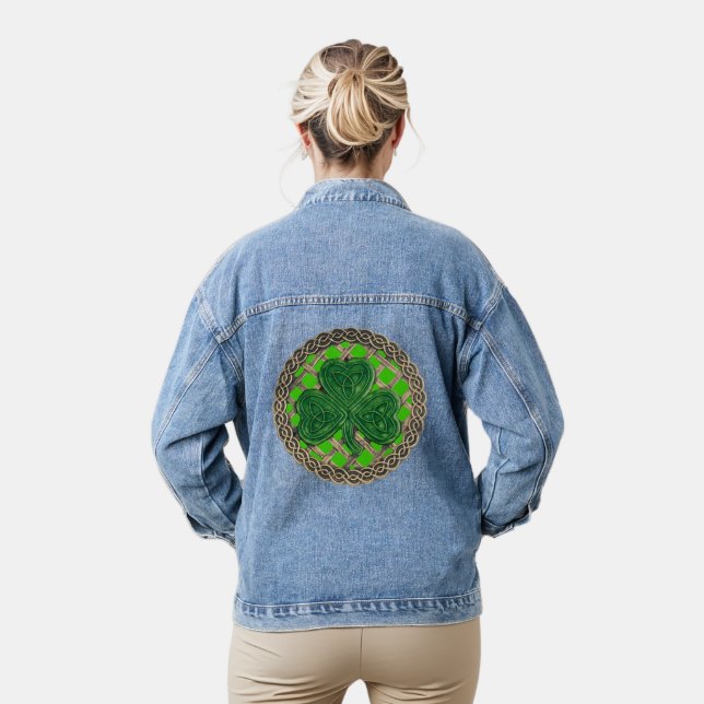 Green Shamrock On Celtic Knots Denim Jacket (Model)