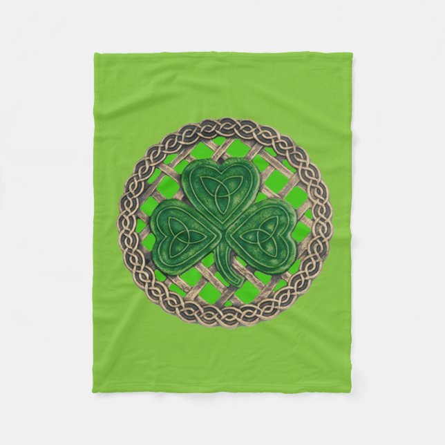Green Shamrock On Celtic Knots Fleece Blanket (Front)
