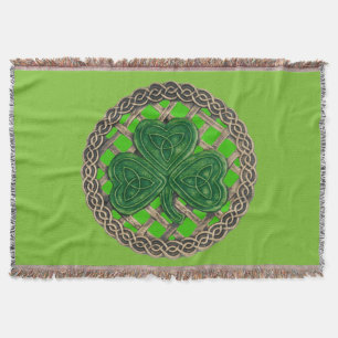 Green Shamrock On Celtic Knots Throw Blanket