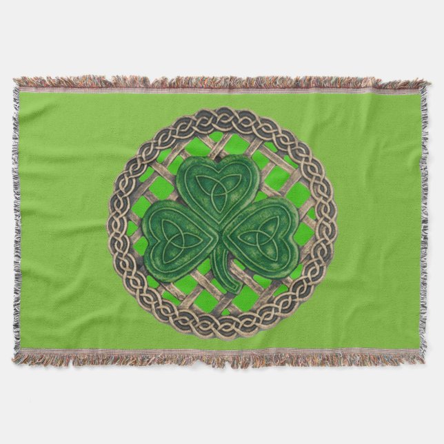 Green Shamrock On Celtic Knots Throw Blanket (Front)