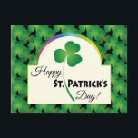 Green Shamrock Pattern, Happy St. Patrick's Day Postcard<br><div class="desc">This colourful St. Patrick’s Day postcard features a bold and striking design with the text: Happy St. Patrick’s Day! The background is a shamrock pattern on black. The text is on light yellow background accented with rainbow colours and a large green shamrock in the middle.</div>