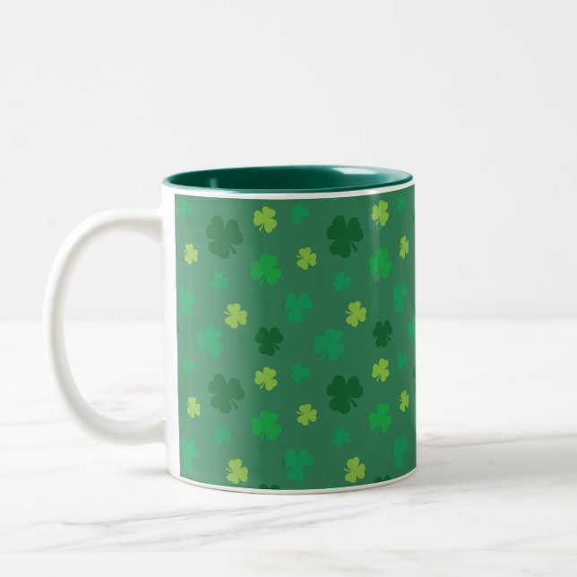 Green Shamrock Pattern St Patricks Day Two-Tone Coffee Mug (Left)