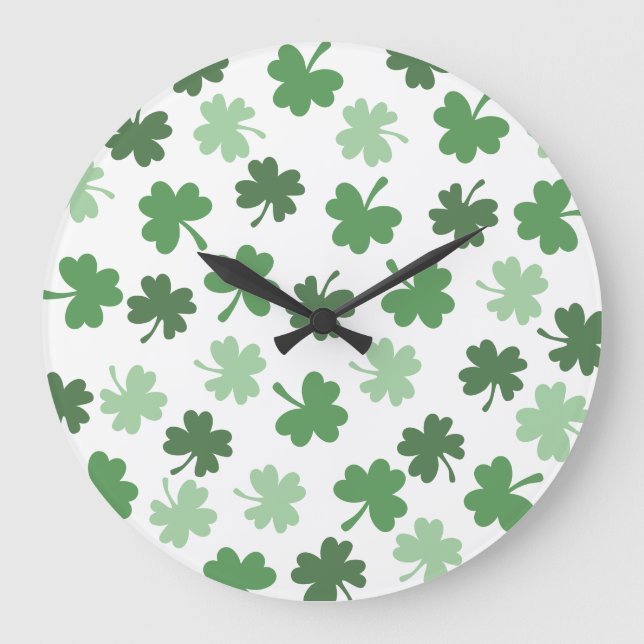 Green Shamrock patterns  St. Patrick's Day Large Clock (Front)