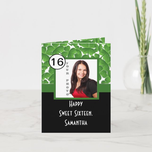 Green shamrock personalised sweet sixteen thank you card (Front)
