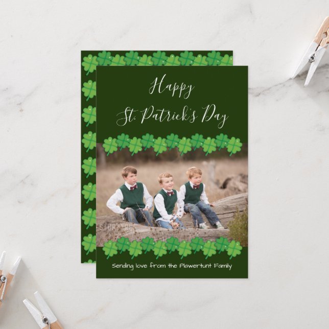 Green Shamrock Photo St Patrick’s Day Card (Front/Back In Situ)