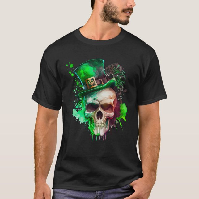 Green Shamrock Skull Irish Ireland St Patricks Day T-Shirt (Front)
