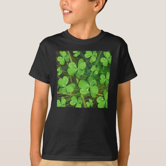 Green Shamrock St Patrick Kids Dark T-Shirt (Front)