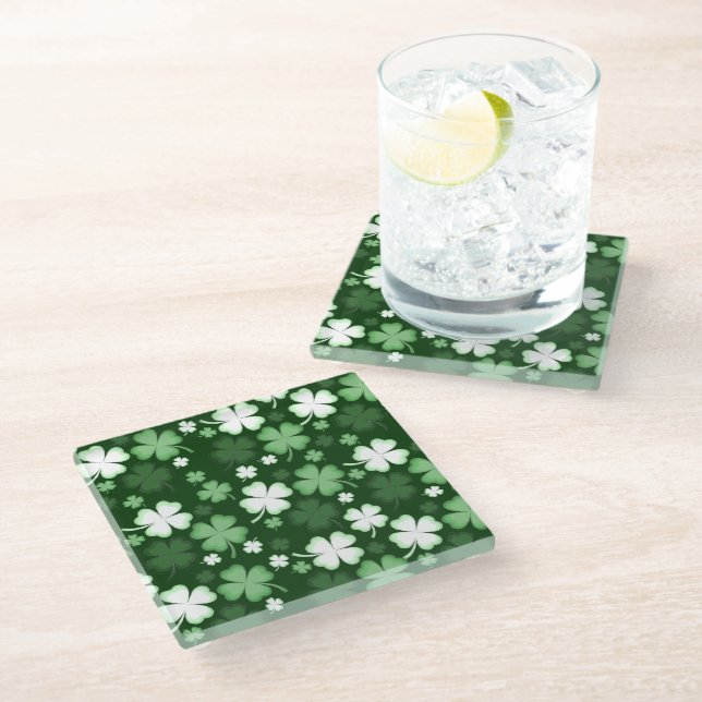 Green Shamrock, St. Patrick's Day Glass Coaster (Angled)