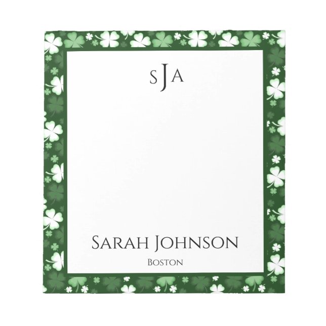 Green Shamrock, St. Patrick's Day Monogram Notepad (Front)