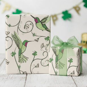  Green Shamrock Vine Hummingbird Pattern Wrapping Paper