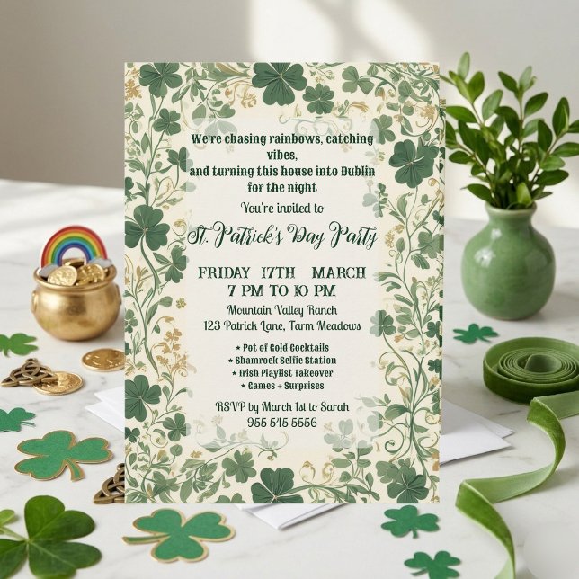 Green Shamrock Vines Funky Saint Patrick's Party  Invitation (Green Shamrock Vines Funky Saint Patrick's Party Invitation)