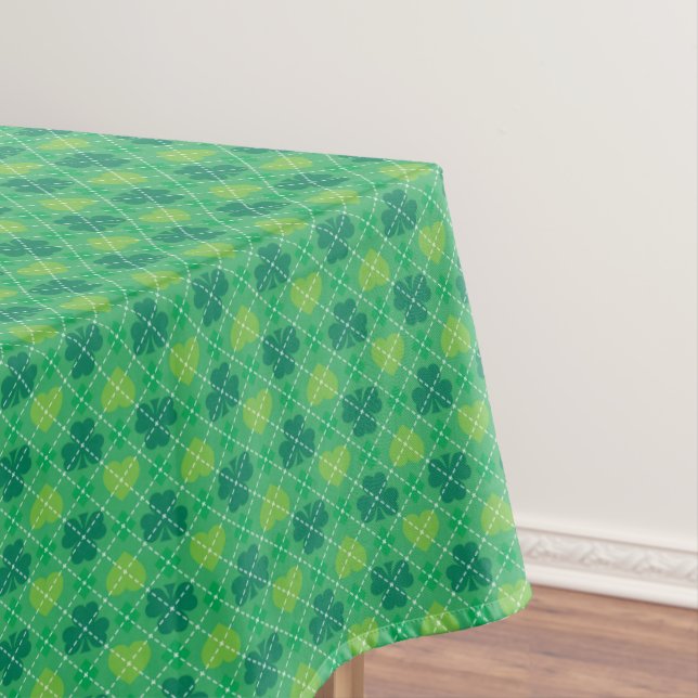 Green Shamrocks and Hearts Argyle Pattern Tablecloth (In Situ)