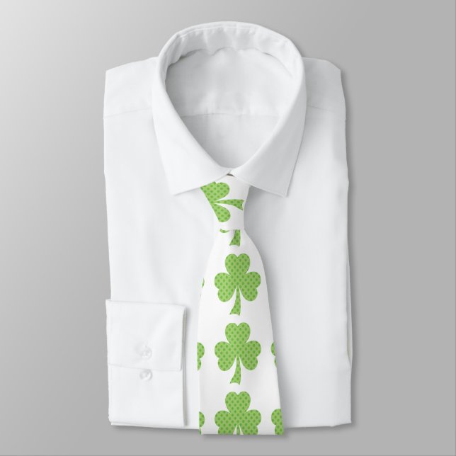 Green Shamrocks clovers polka dots pattern white Tie (Tied)