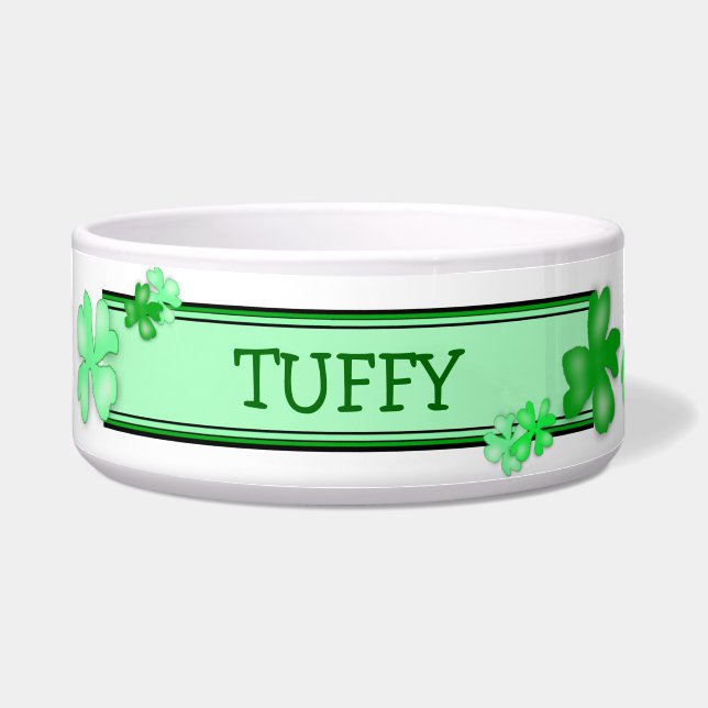 Green Shamrocks Dog Food Bowl With Name Template (Front)