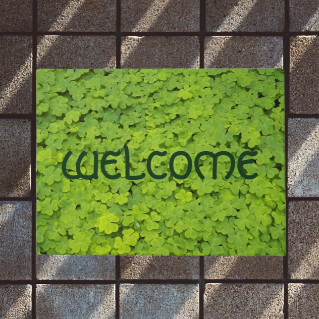 Green Shamrocks Floral Welcome Doormat (In Situ)