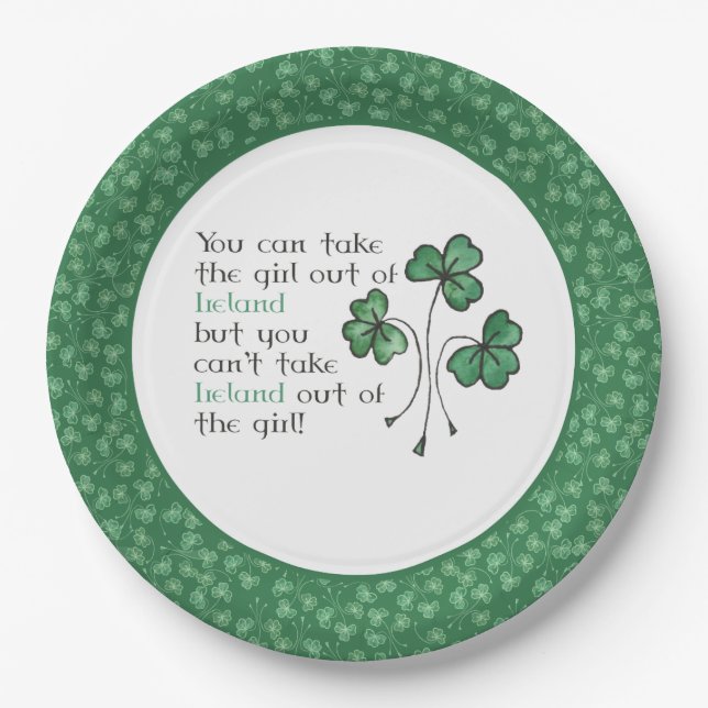 Green Shamrocks Irish Girl Quote Paper Plate (Front)