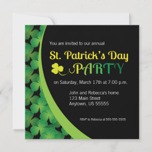 Green Shamrocks on Black, St. Patrick's Day Party Invitation