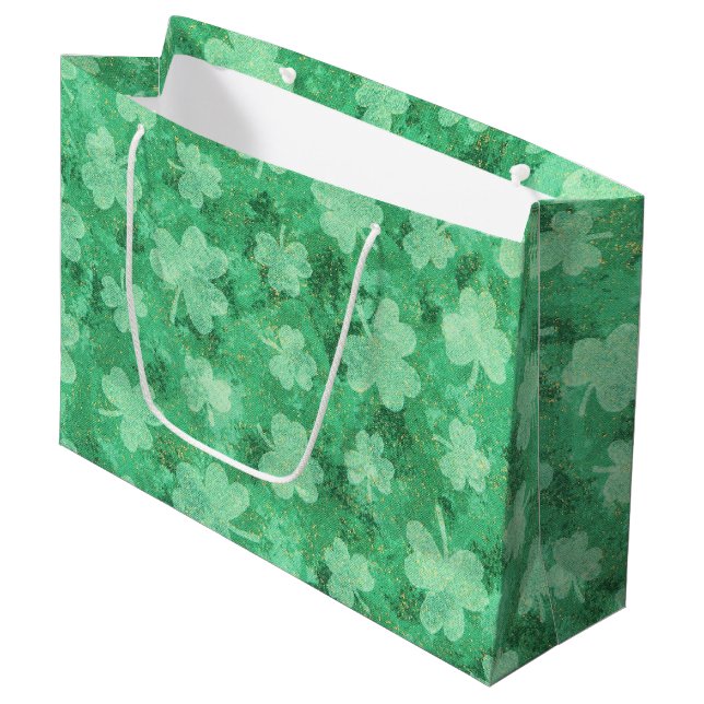 Green Shamrocks on Green Large Gift Bag (Front Angled)