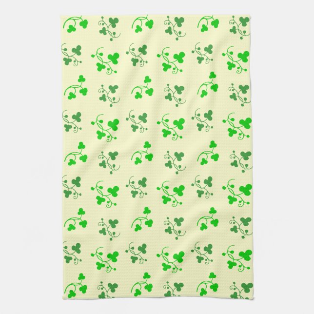Green Shamrocks Pattern on Cream Kitchen Towel (Vertical)