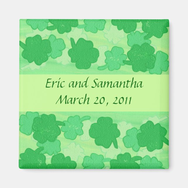 Green Shamrocks, Save the date wedding magnets (Front)