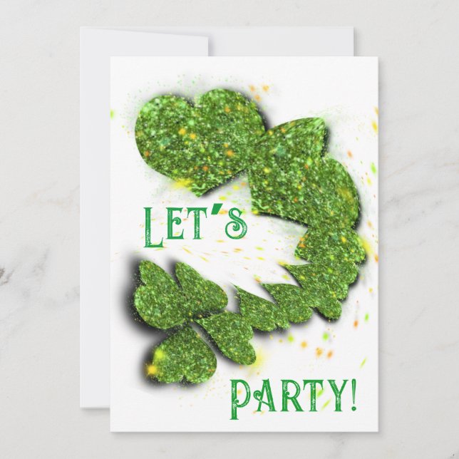 Green Shamrocks | sparkling hearts  Invitation (Front)