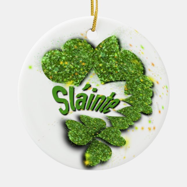 Green Shamrocks | sparkling hearts Shainte Ceramic Tree Decoration (Front)
