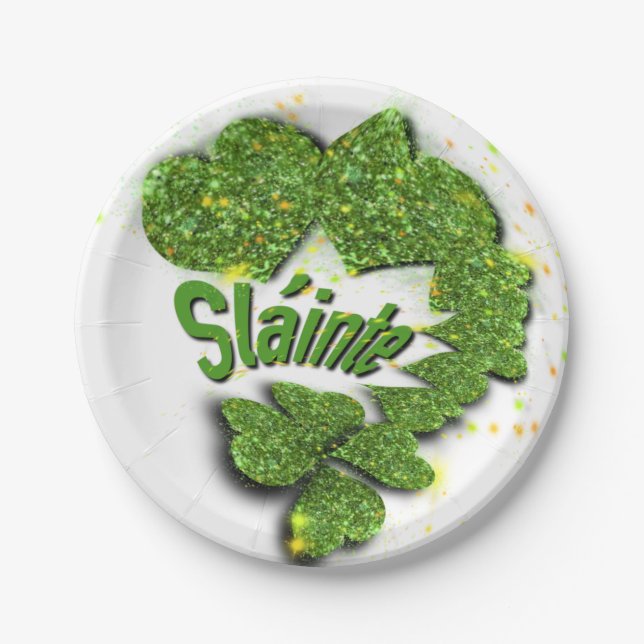 Green Shamrocks | sparkling hearts Shainte Paper Plate (Front)