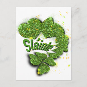 Green Shamrocks sparkling hearts Shainte Postcard
