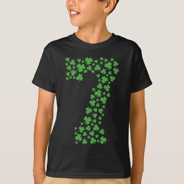 Green Shamrocks St Patricks Day 7 Year Old Boy Kid T-Shirt (Front)