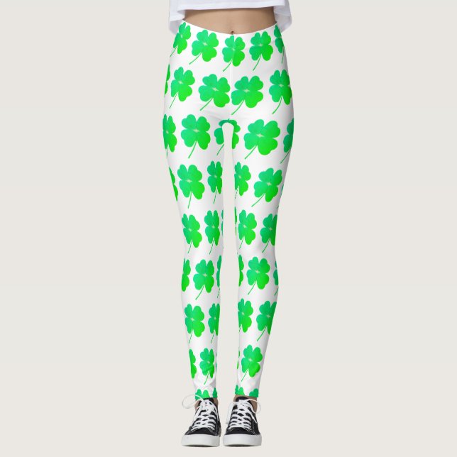 Green Shamrocks St. Patricks Day Irish Leggings (Front)