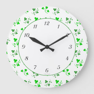 Green Shamrocks Vintage Black Numbers Wall Clock
