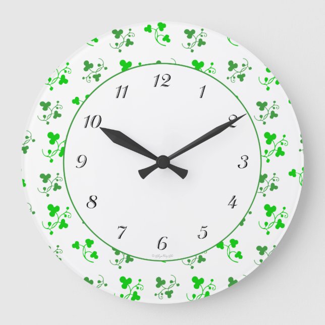 Green Shamrocks Vintage Black Numbers Wall Clock (Front)