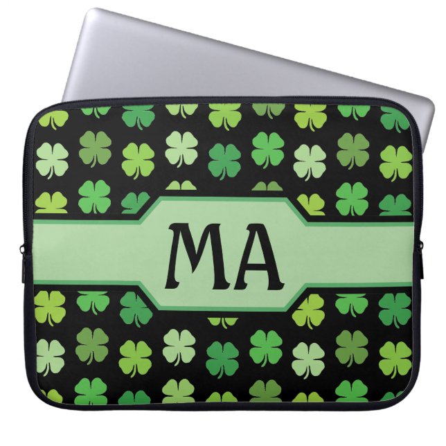 Green Shamrocks with Monogram Initials  Laptop Sleeve (Front)