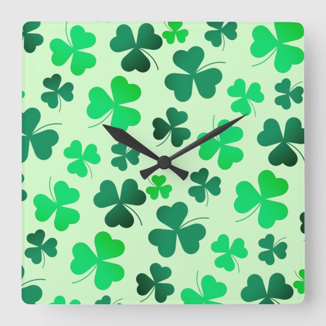 Green Shamrok Clover Pattern Square Wall Clock (Front)