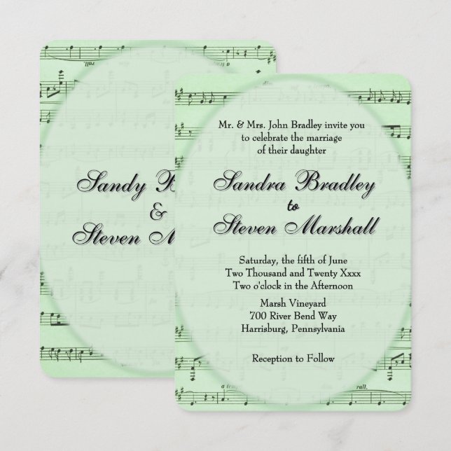 Green Sheet Music Theme Wedding Invitation (Front/Back)