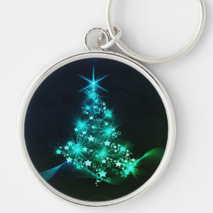 Green Shine of Stars on Christmas Tree Dark Key Ring