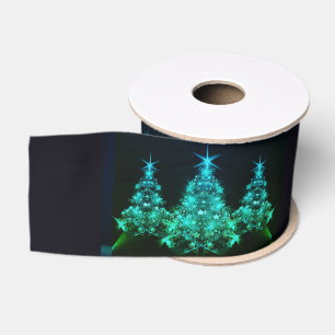 Green Shine of Stars on Christmas Trees Grosgrain Ribbon