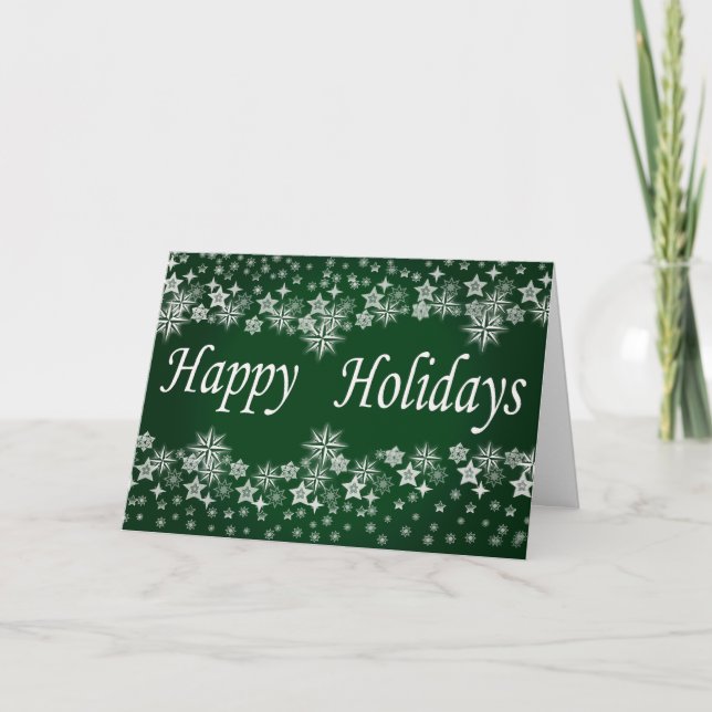 Green Shining Stars Happy Holiday Greetings Card (Front)
