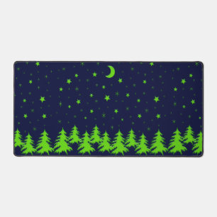 Green Shiny Christmas trees, stars sky on blue Desk Mat