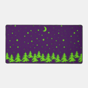 Green Shiny Christmas trees, stars sky on purple Desk Mat