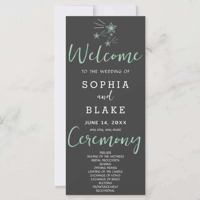 Green Shooting Stars Grey Wedding Program (Front)