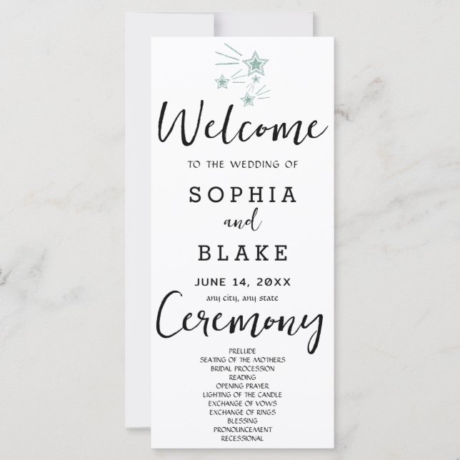 Green Shooting Stars White Wedding Program (Front)