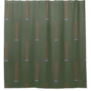 Green Shower Curtain with Lines & Blue Cats